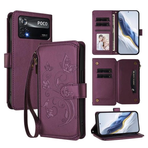 Funda de cuero con cremallera para Xiaomi Poco X4 Pro 5G, diseño de mariposas, flores y mariposas (morado oscuro)