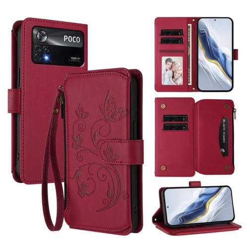 Funda de cuero con cremallera para Xiaomi Poco X4 Pro 5G, diseño de mariposas, flores y mariposas (rojo vino)