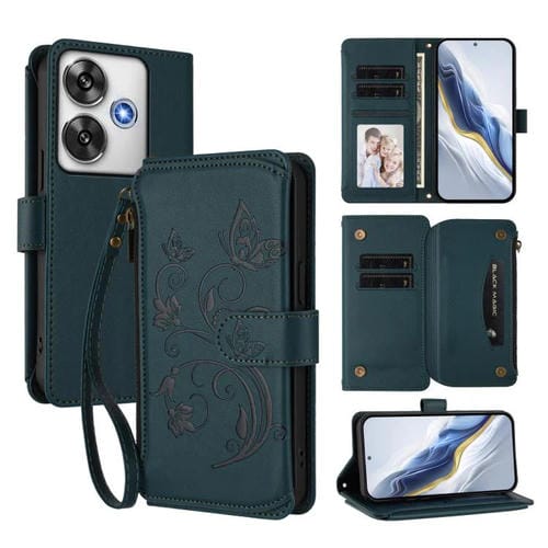 Funda de cuero con cremallera para Xiaomi Poco F6, diseño de mariposas y flores, con múltiples tarjetas (verde oscuro)