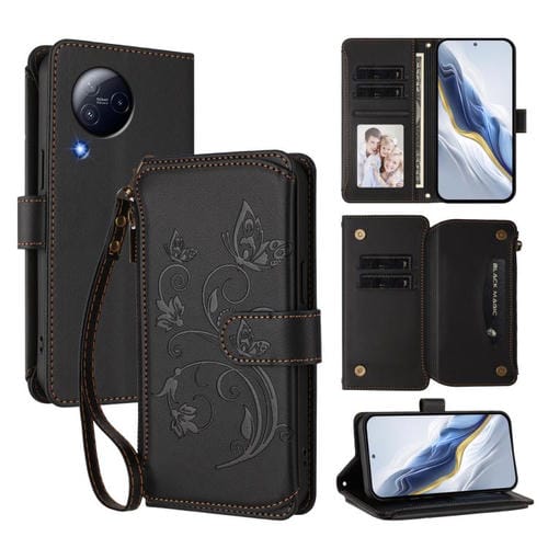 Funda de cuero con cremallera para Xiaomi Civi 3, diseño de mariposas y flores, con múltiples tarjetas (negro)