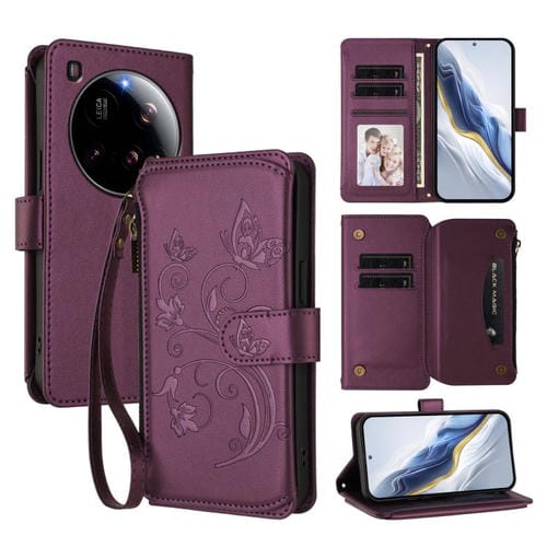 Funda de cuero con cremallera para Xiaomi 15 Ultra, diseño de mariposas y flores, con múltiples tarjetas (morado oscuro)