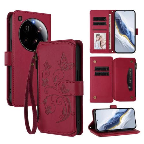 Funda de cuero con cremallera para Xiaomi 15 Ultra, diseño de mariposas, flores y amor, con múltiples tarjetas (rojo vino)