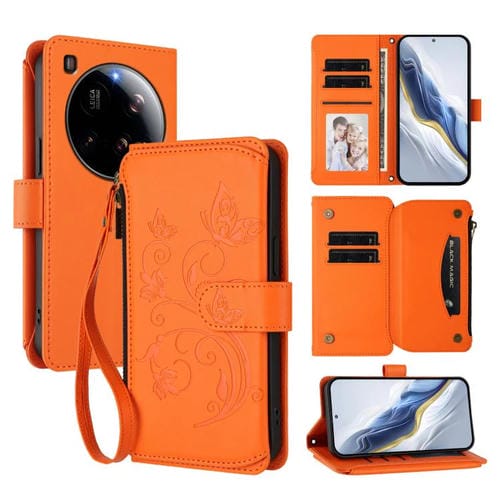 Funda de cuero con cremallera para Xiaomi 15 Ultra, diseño de mariposas, flores y múltiples tarjetas (naranja)