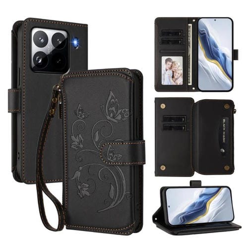 Funda de cuero con cremallera para Xiaomi 15 Pro, diseño de mariposas, flores y múltiples tarjetas (negro)