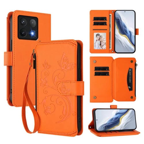 Funda de cuero con cremallera para Xiaomi 14T, diseño de mariposas, flores y múltiples tarjetas (naranja)