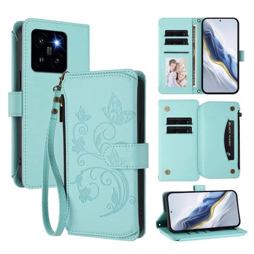 Funda de cuero con cremallera para Xiaomi 14 Pro, diseño de mariposas, flores y múltiples tarjetas (verde menta)
