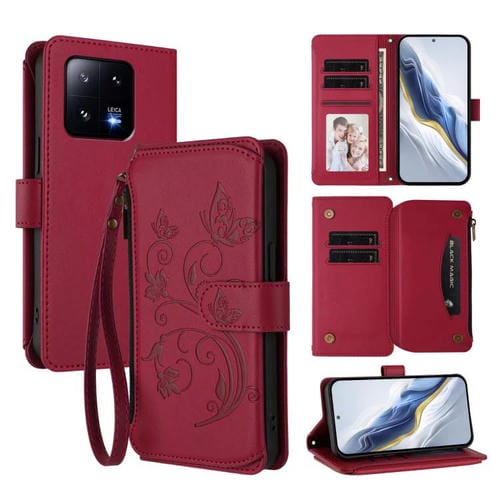 Funda de cuero con cremallera para Xiaomi 13 Pro, diseño de mariposas, flores y amor, con múltiples tarjetas (rojo vino)