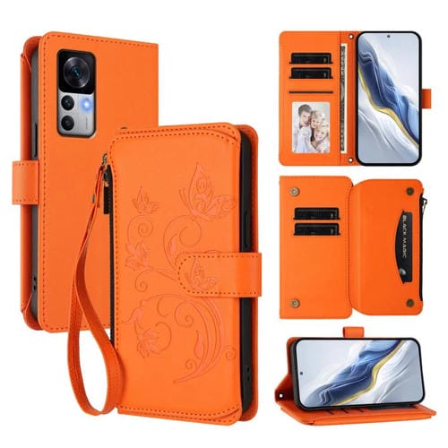Funda de cuero con cremallera para Xiaomi 12T / 12T Pro / Redmi K50 Ultra, diseño de mariposas, flores y mariposas (naranja)