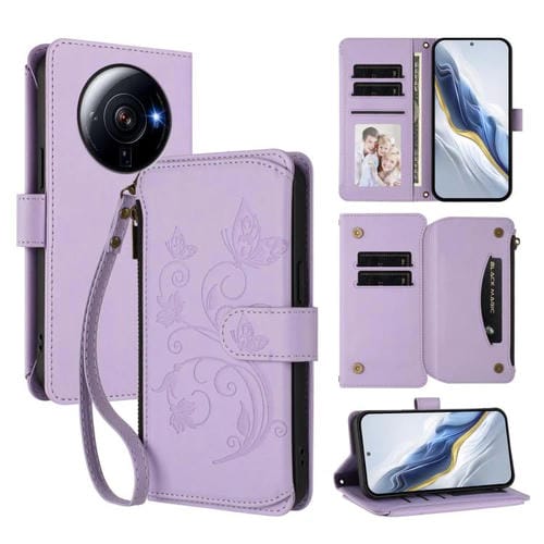 Funda de cuero con cremallera para Xiaomi 12S Ultra, diseño de mariposas y flores, con múltiples tarjetas (morado claro)