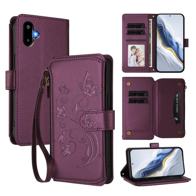 Funda de cuero con cremallera para Samsung Galaxy M06 5G / F06 5G, diseño de mariposas, flores y amor, con múltiples tarjetas (morado oscuro)