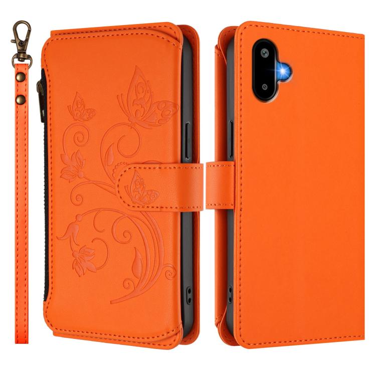 Funda de cuero con cremallera para Samsung Galaxy M06 5G / F06 5G, diseño de mariposas, flores y amor (naranja)