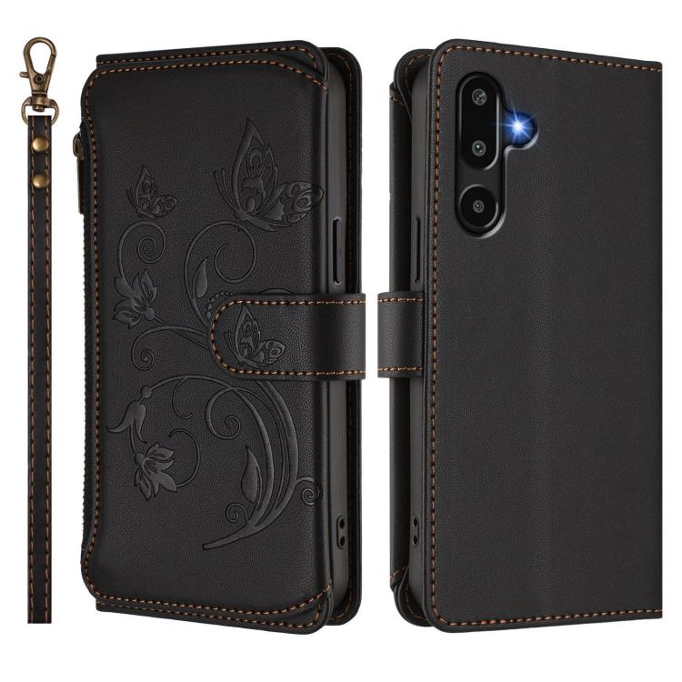Funda de cuero con cremallera para Samsung Galaxy M16 5G / F16 5G, diseño de mariposas, flores y amor, con múltiples tarjetas (negro)