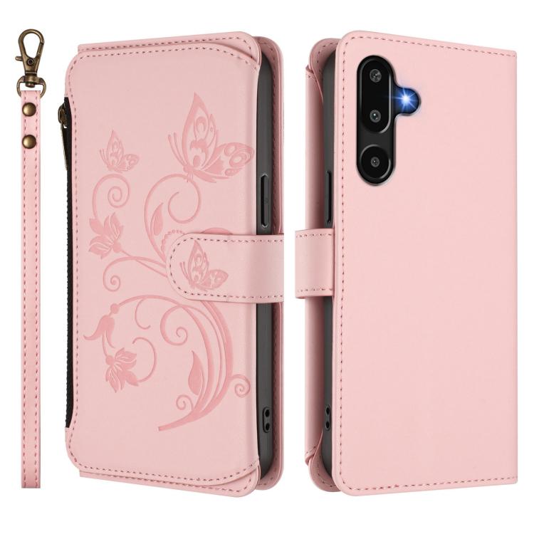 Funda de cuero con cremallera para Samsung Galaxy M16 5G / F16 5G, diseño de mariposas, flores y amor, con múltiples tarjetas (rosa)
