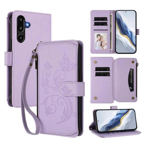 Funda de cuero con cremallera para Samsung Galaxy M16 5G / F16 5G, diseño de mariposas, flores y amor, con múltiples tarjetas (morado claro)