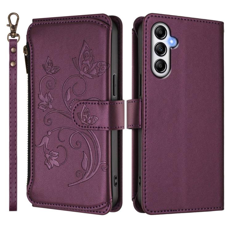 Funda de cuero con cremallera para Samsung Galaxy M14 5G, diseño de mariposas, flores y amor, con múltiples tarjetas (morado oscuro)