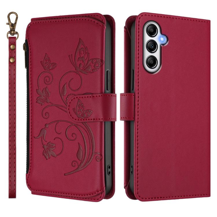 Funda de cuero con cremallera para Samsung Galaxy M14 5G, diseño de mariposas, flores y amor, con múltiples tarjetas (rojo vino)