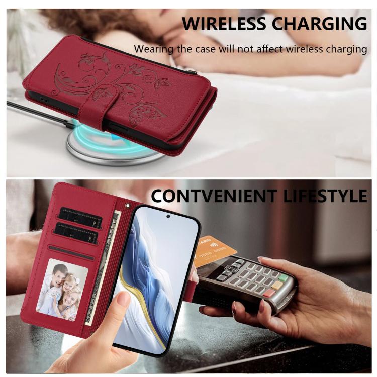 Funda de cuero con cremallera para Samsung Galaxy M14 5G, diseño de mariposas, flores y amor, con múltiples tarjetas (rojo vino)