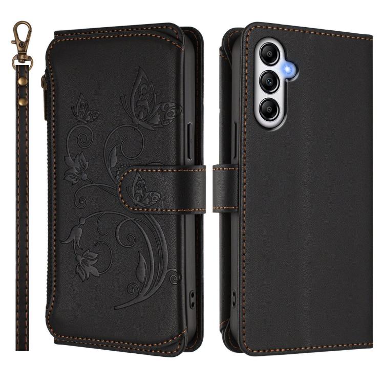 Funda de cuero con cremallera para Samsung Galaxy M14 5G, diseño de mariposas, flores y múltiples tarjetas (negro)