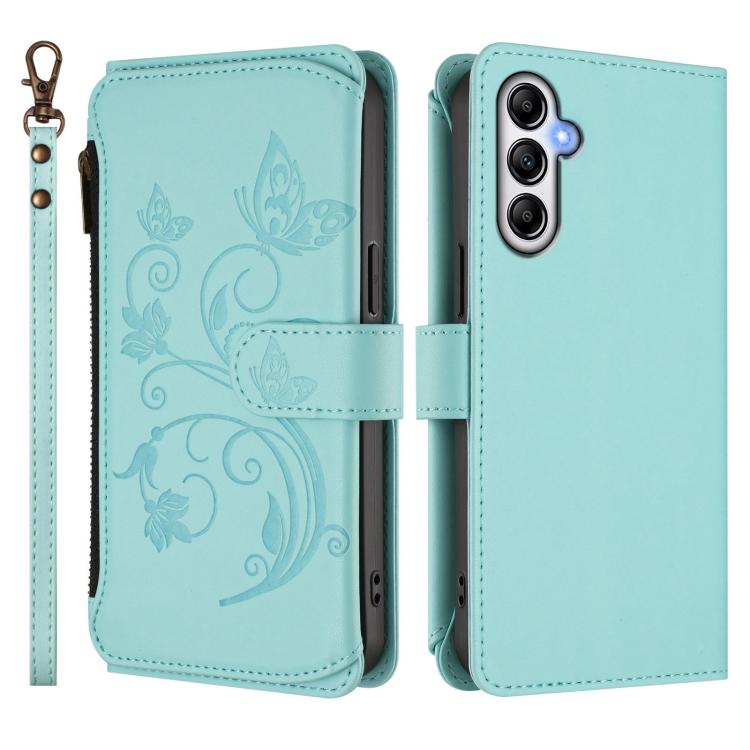Funda de cuero con cremallera para Samsung Galaxy M14 5G, diseño de mariposas, flores y amor, con múltiples tarjetas (verde menta)