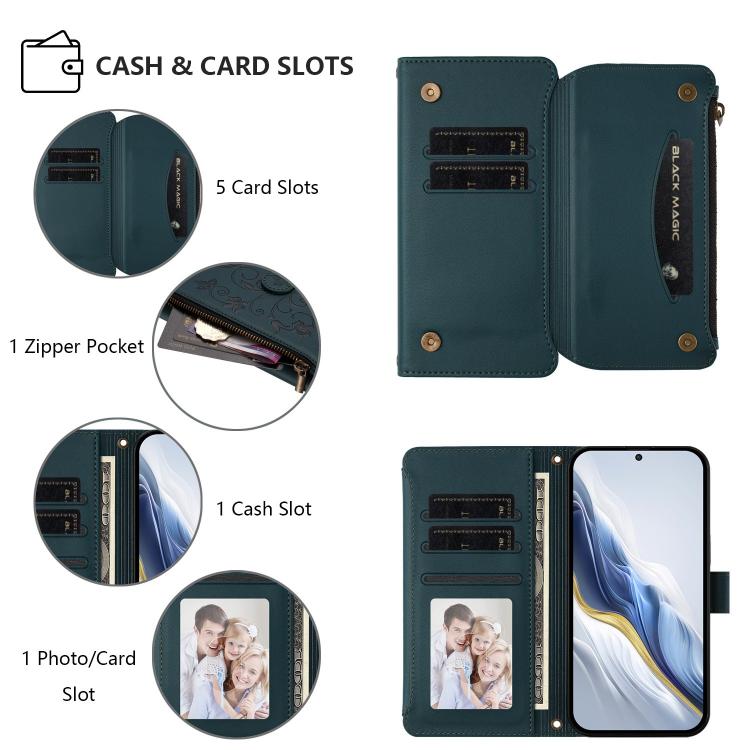 Funda de cuero con cremallera para Samsung Galaxy M15 5G / F15 5G, diseño de mariposas, flores y amor, con múltiples tarjetas (verde oscuro)