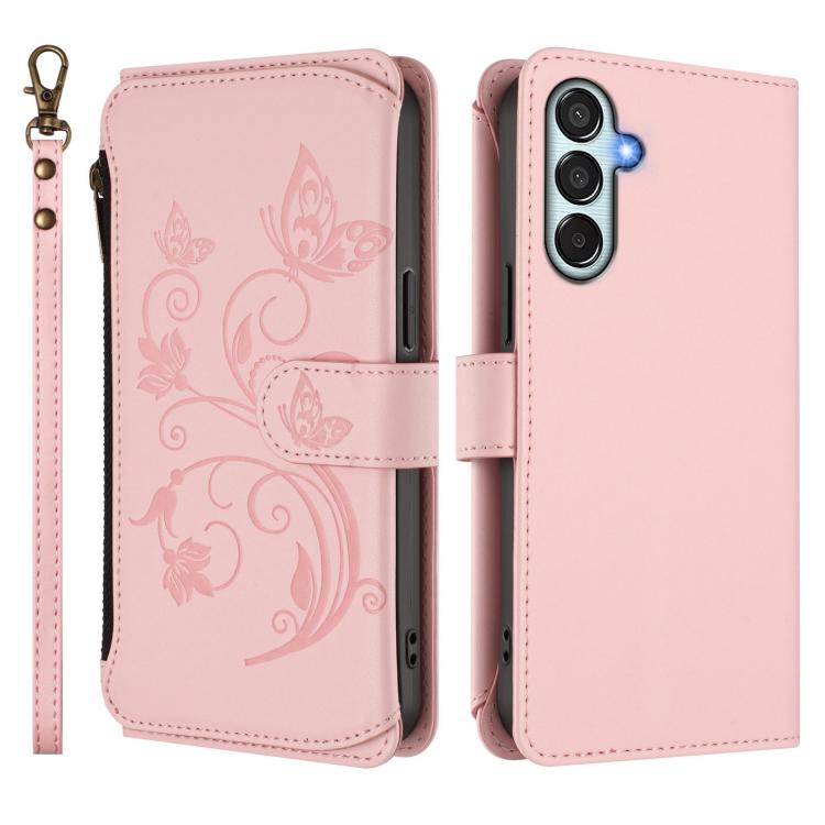 Funda de cuero con cremallera para Samsung Galaxy M15 5G / F15 5G, diseño de mariposas, flores y amor (rosa)