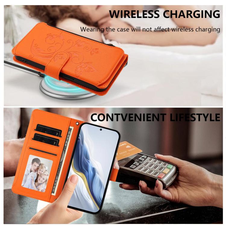 Funda de cuero con cremallera para Samsung Galaxy M33 5G, diseño de mariposas, flores y amor, con múltiples tarjetas (naranja)