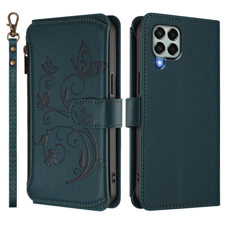 Funda de cuero con cremallera para Samsung Galaxy M33 5G, diseño de mariposas, flores y amor, con múltiples tarjetas (verde oscuro)