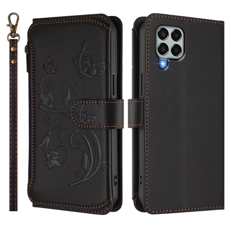 Funda de cuero con cremallera para Samsung Galaxy M33 5G, diseño de mariposas, flores y amor, con múltiples tarjetas (negro)