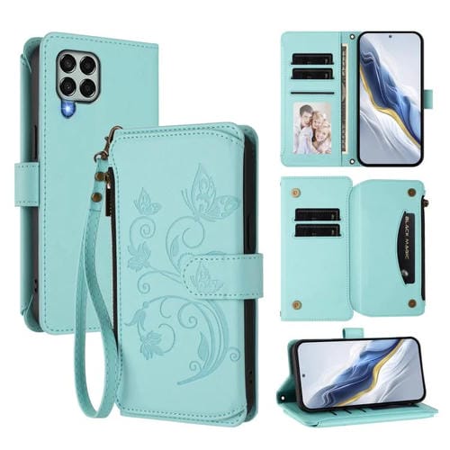 Funda de cuero con cremallera para Samsung Galaxy M33 5G, diseño de mariposas, flores y amor, con múltiples tarjetas (verde menta)
