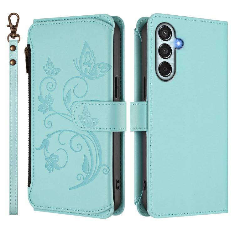 Funda de cuero con cremallera para Samsung Galaxy M34 5G / F34 5G, diseño de mariposas, flores y amor, con múltiples tarjetas (verde menta)