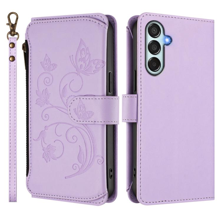 Funda de cuero con cremallera para Samsung Galaxy M34 5G / F34 5G, diseño de mariposas, flores y amor, con múltiples tarjetas (morado claro)