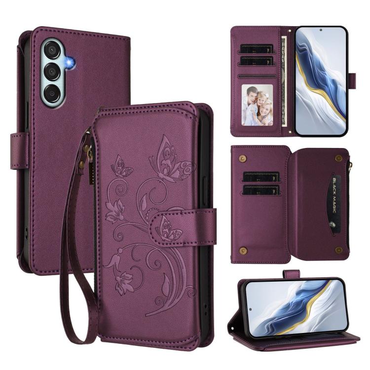 Funda de cuero con cremallera para Samsung Galaxy M35 5G, diseño de mariposas, flores y amor, con múltiples tarjetas (morado oscuro)