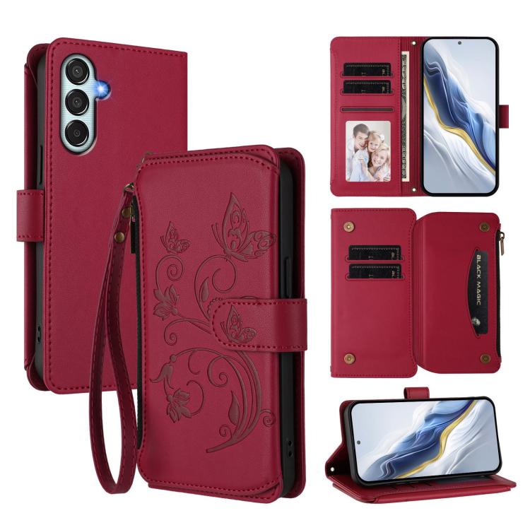 Funda de cuero con cremallera para Samsung Galaxy M35 5G, diseño de mariposas, flores y amor, con múltiples tarjetas (rojo vino)