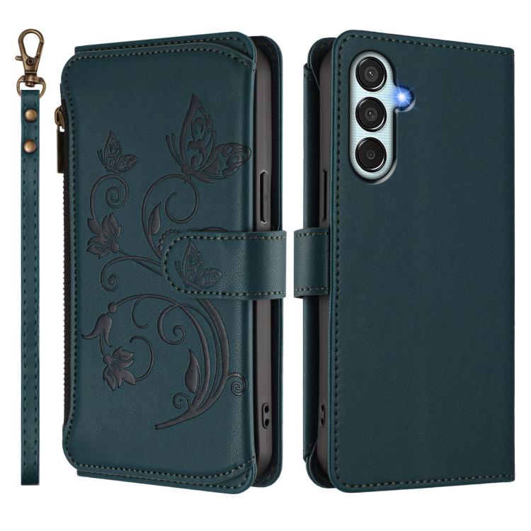 Funda de cuero con cremallera para Samsung Galaxy M35 5G, diseño de mariposas, flores y amor, con múltiples tarjetas (verde oscuro)
