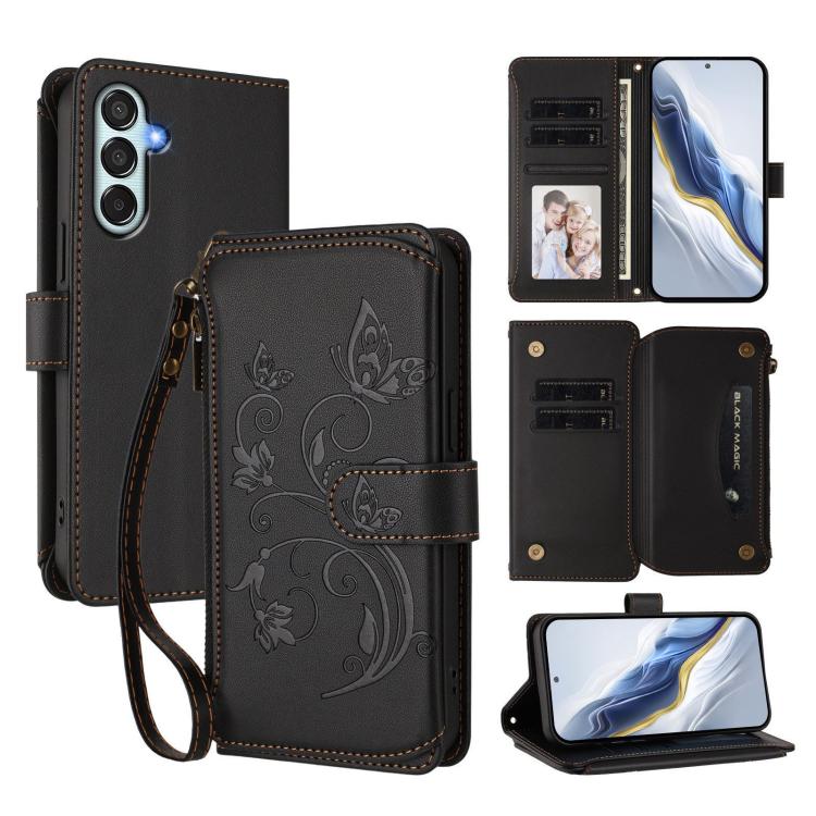 Funda de cuero con cremallera para Samsung Galaxy M35 5G, diseño de mariposas, flores y amor, con múltiples tarjetas (negro)