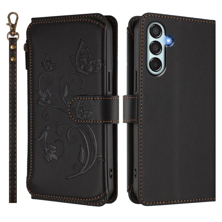 Funda de cuero con cremallera para Samsung Galaxy M35 5G, diseño de mariposas, flores y amor, con múltiples tarjetas (negro)