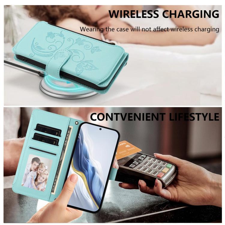 Funda de cuero con cremallera para Samsung Galaxy M35 5G, diseño de mariposas, flores y amor, con múltiples tarjetas (verde menta)