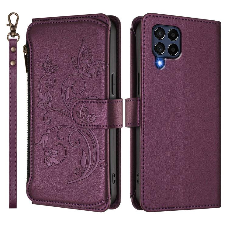 Funda de cuero con cremallera para Samsung Galaxy M53 5G, diseño de mariposas, flores y amor, con múltiples tarjetas (morado oscuro)