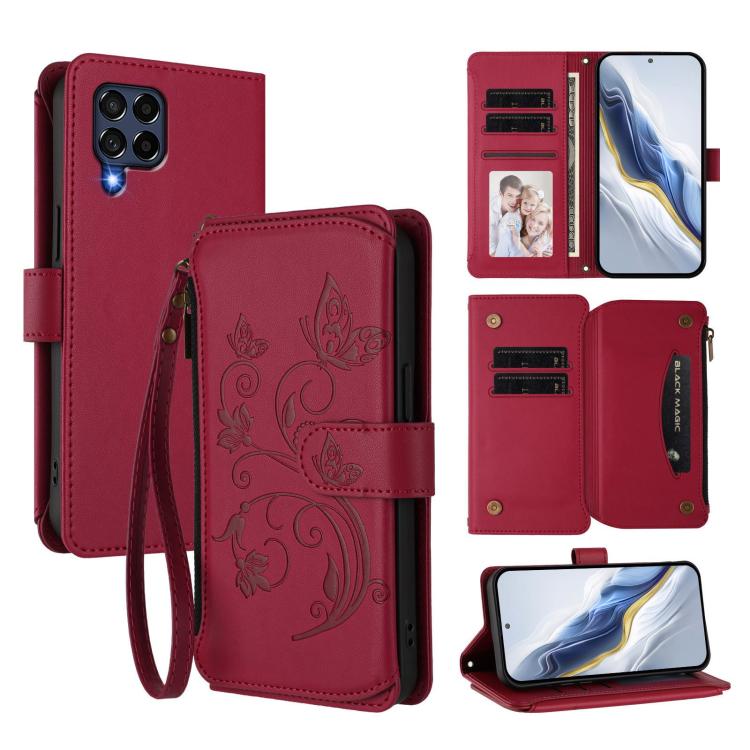 Funda de cuero con cremallera para Samsung Galaxy M53 5G, diseño de mariposas, flores y amor, con múltiples tarjetas (rojo vino)