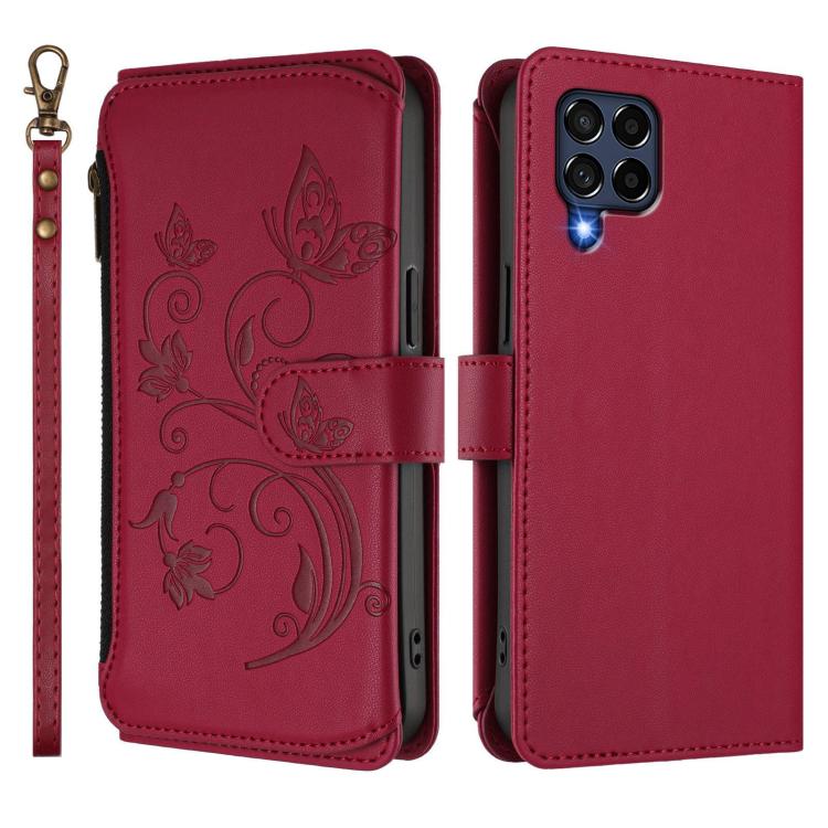 Funda de cuero con cremallera para Samsung Galaxy M53 5G, diseño de mariposas, flores y amor, con múltiples tarjetas (rojo vino)