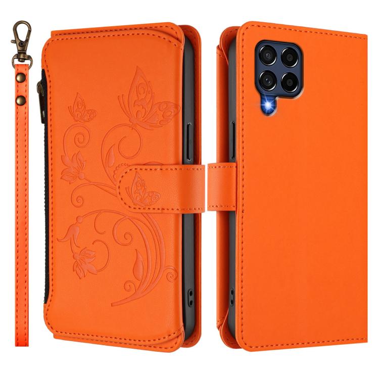 Funda de cuero con cremallera para Samsung Galaxy M53 5G, diseño de mariposas, flores y amor, con múltiples tarjetas (naranja)