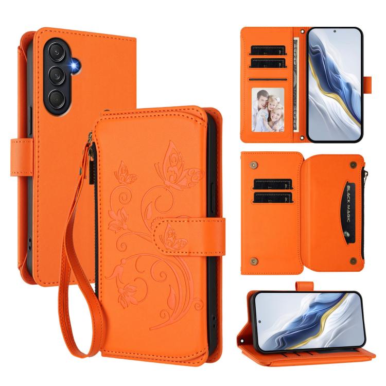 Funda de cuero con cremallera para Samsung Galaxy M55/C55, diseño de mariposas, flores y amor, con múltiples tarjetas (naranja)