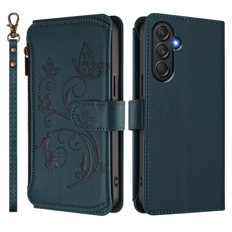 Funda de cuero con cremallera para Samsung Galaxy M55/C55, diseño de mariposas, flores y amor, con múltiples tarjetas (verde oscuro)