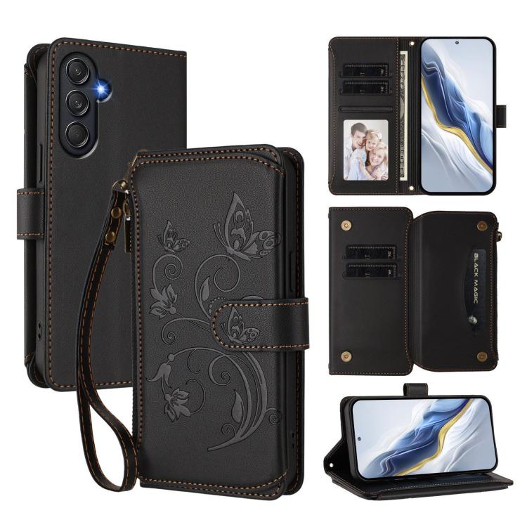 Funda de cuero con cremallera para Samsung Galaxy M55/C55, diseño de mariposas y flores, con múltiples tarjetas (negro)