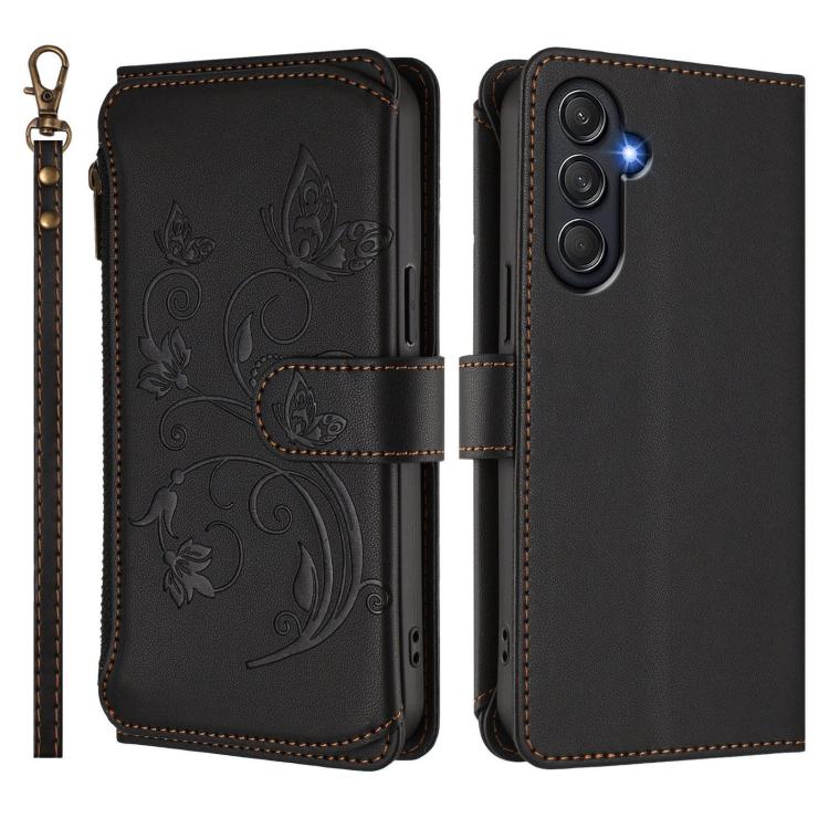 Funda de cuero con cremallera para Samsung Galaxy M55/C55, diseño de mariposas y flores, con múltiples tarjetas (negro)