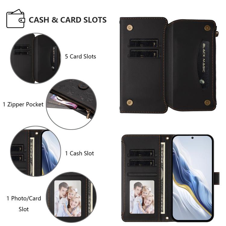 Funda de cuero con cremallera para Samsung Galaxy M55/C55, diseño de mariposas y flores, con múltiples tarjetas (negro)