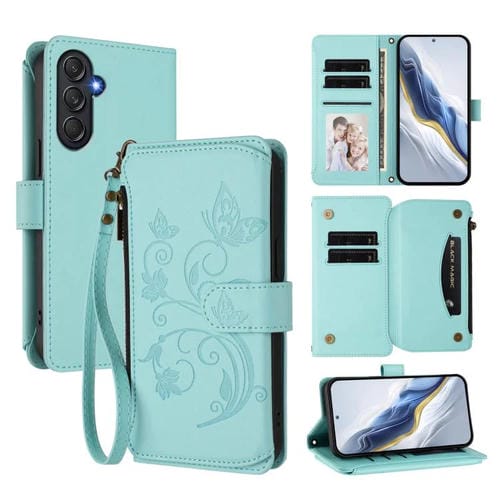 Funda de cuero con cremallera para Samsung Galaxy M55/C55, diseño de mariposas y flores, con múltiples tarjetas (verde menta)