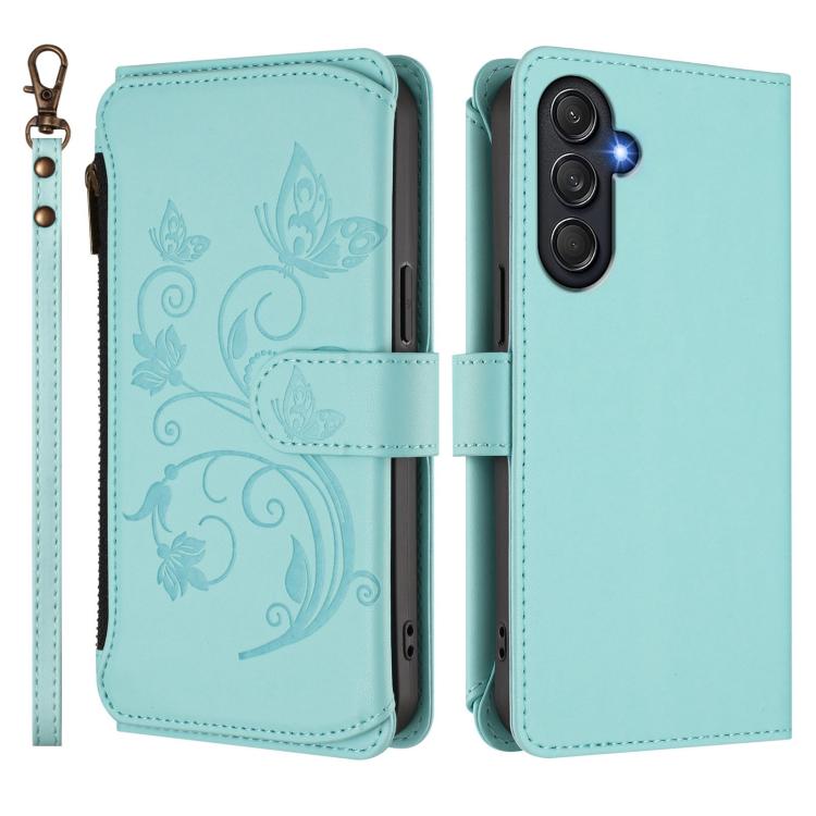 Funda de cuero con cremallera para Samsung Galaxy M55/C55, diseño de mariposas y flores, con múltiples tarjetas (verde menta)