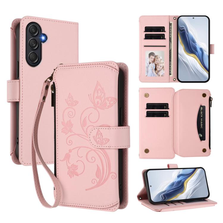 Funda de cuero con cremallera para Samsung Galaxy M55/C55, diseño de mariposas, flores y amor, con múltiples tarjetas (rosa)
