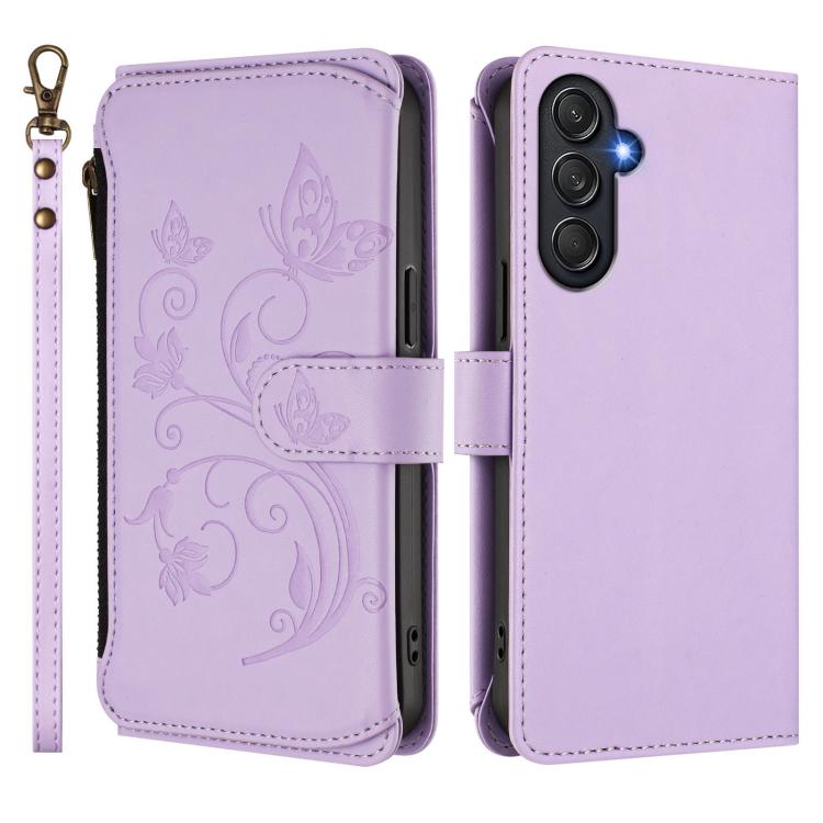 Funda de cuero con cremallera para Samsung Galaxy M55/C55, diseño de mariposas, flores y amor, con múltiples tarjetas (morado claro)